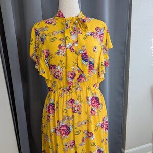 EUC Modcloth Downhome Darling Dress Yellow Flutter Sleeve Tie Front Medium